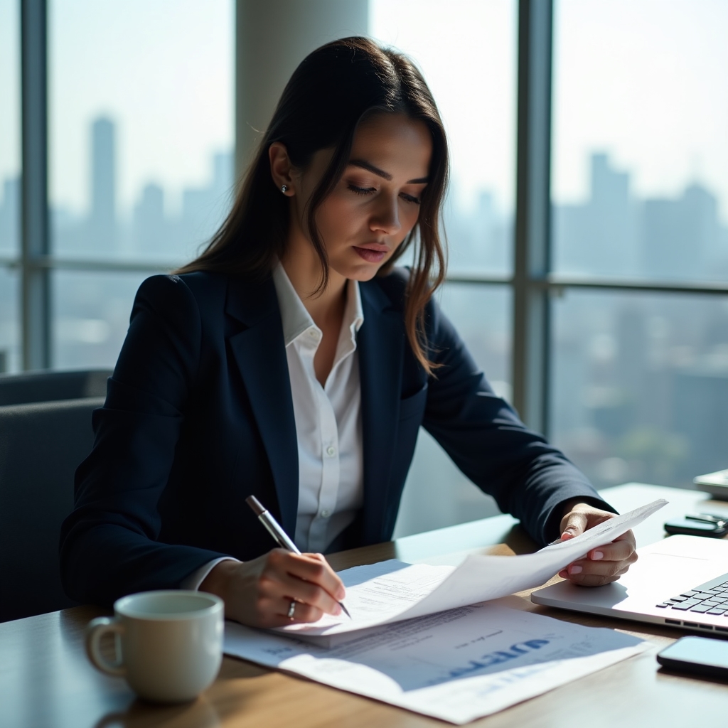 Profesional de ventas trabajando en su escritorio revisando comunicaciones escritas