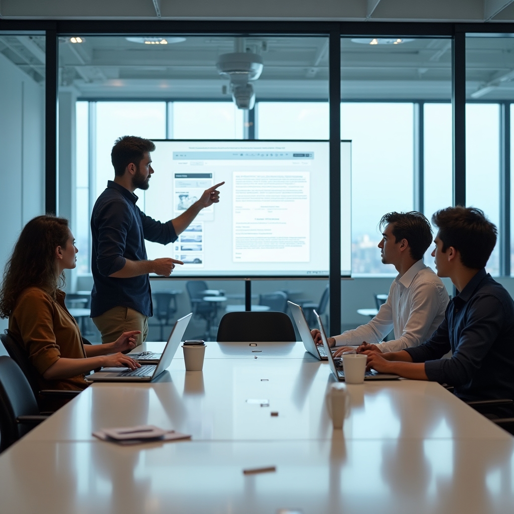 Equipo de ventas colaborando en estrategia de comunicación escrita